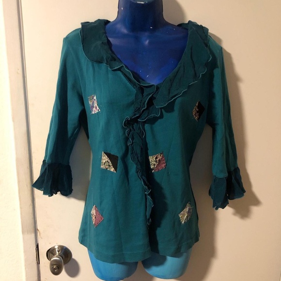 Funky Vintage Teal patchwork blouse with ruffle Peter Pan collar & 3/4 sleeves - Picture 1 of 8
